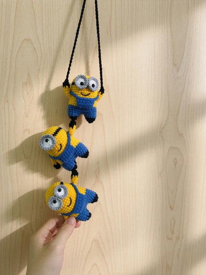 Funny Triple Yellow Buddies Crochet Car Mirror Hanging, Handmade Amigurumi Plush Charm, Rearview Decor