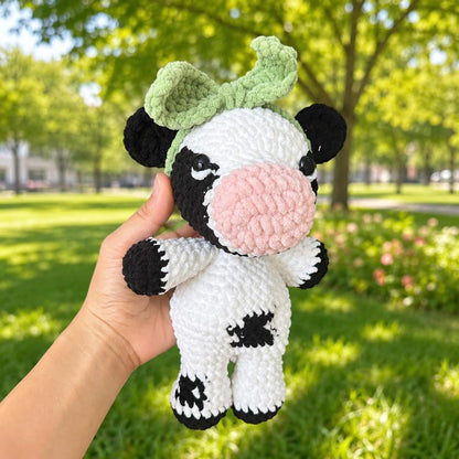 Crochet Cow Plush, Floppy Amigurumi Cow Lovey, Unstuffed Body Farm Animal Toy, Custom Bow Cow Doll, Nursery Decor, Cute Cow Lover Gift