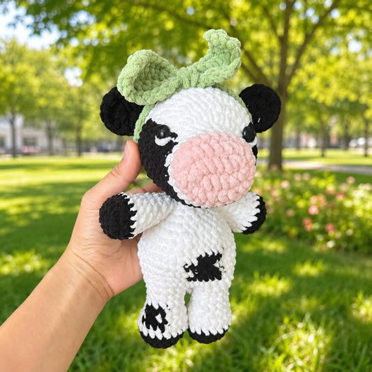 Crochet Cow Plush, Floppy Amigurumi Cow Lovey, Unstuffed Body Farm Animal Toy, Custom Bow Cow Doll, Nursery Decor, Cute Cow Lover Gift
