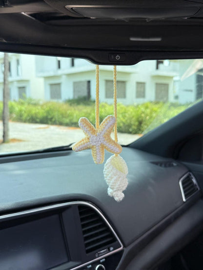 Crochet Starfish Car Hanging, Seashell Rearview Mirror Car Charm, Handmade Coastal Ornament, Cute Beach Car Decor, Summer Gift For Her