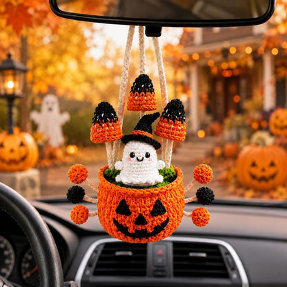 Halloween Crochet Car Mirror Hanger, Ghost Pumpkin Rearview Mirror Charm, Handmade Halloween Car Decor, Cute Crochet Ghost Ornament