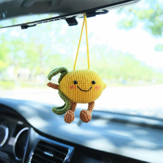 Crochet Lemon Doll Car Mirror Hanging Accessory, Smiley Fruit Car Rear View Mirror Ornament, Kawaii Car Interior Decor for Women