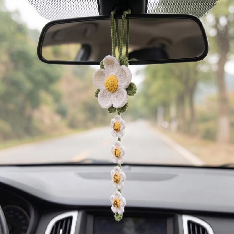Personalized Daisy Crochet Car Hanging, Custom Name Rearview Mirror Charm
