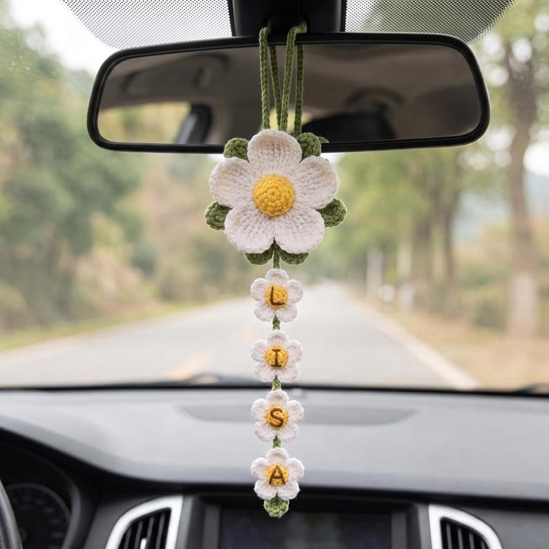 Personalized Daisy Crochet Car Hanging, Custom Name Rearview Mirror Charm