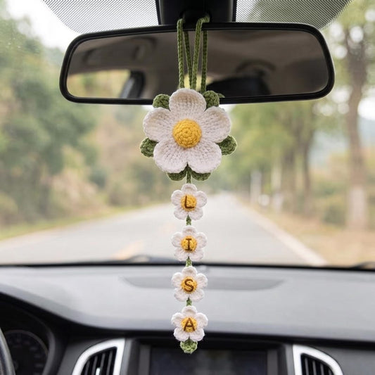 Personalized Daisy Crochet Car Hanging, Custom Name Rearview Mirror Charm