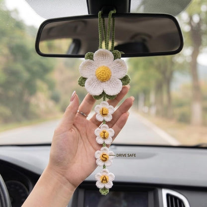 Personalized Daisy Crochet Car Hanging, Custom Name Rearview Mirror Charm