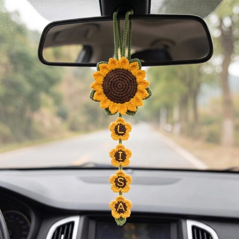 Personalized Daisy Crochet Car Hanging, Custom Name Rearview Mirror Charm