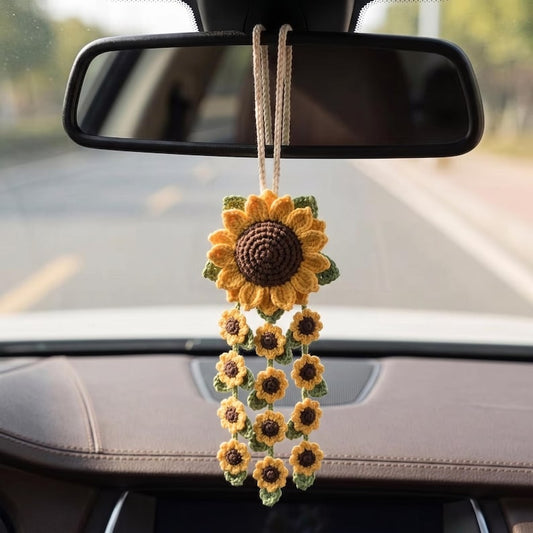 Crochet Daisy Car Mirror Charm, Handmade Flower Car Hanging