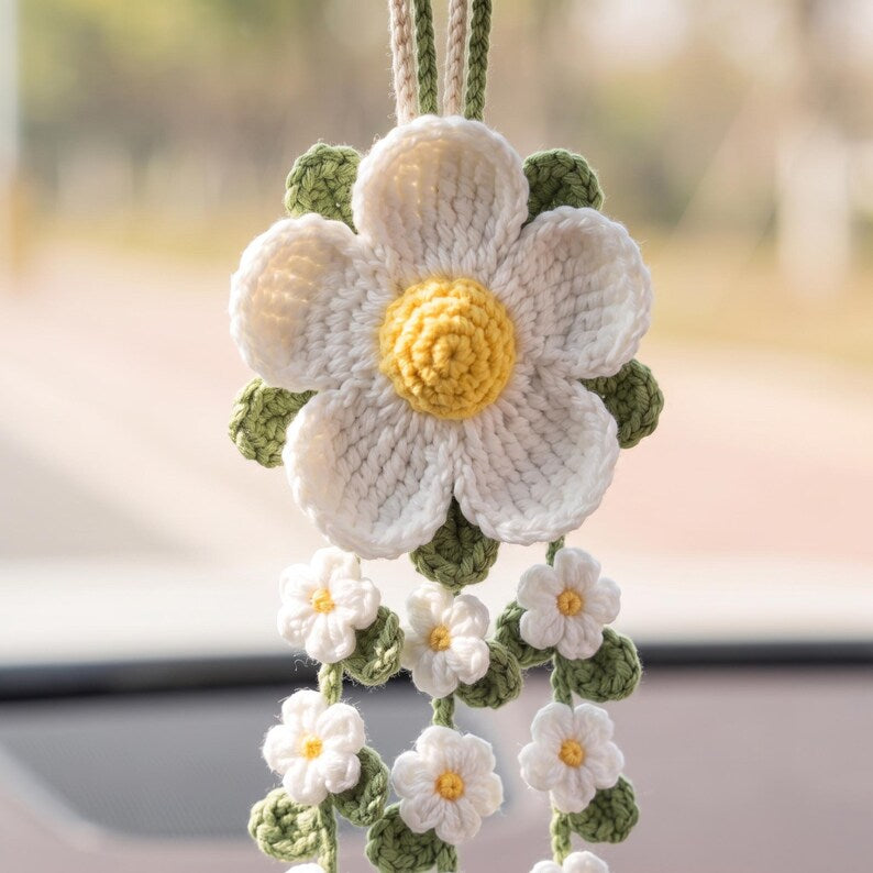 Crochet Daisy Car Mirror Charm, Handmade Flower Car Hanging