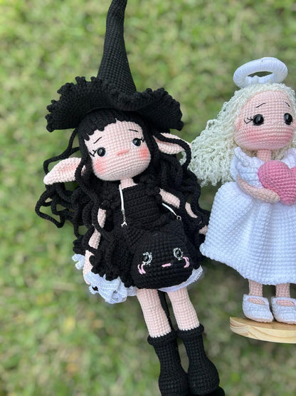 Crochet Angel Girl & Black Witch - Handmade Amigurumi Decor