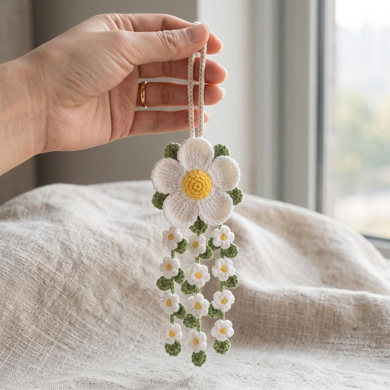Crochet Daisy Car Mirror Charm, Handmade Flower Car Hanging