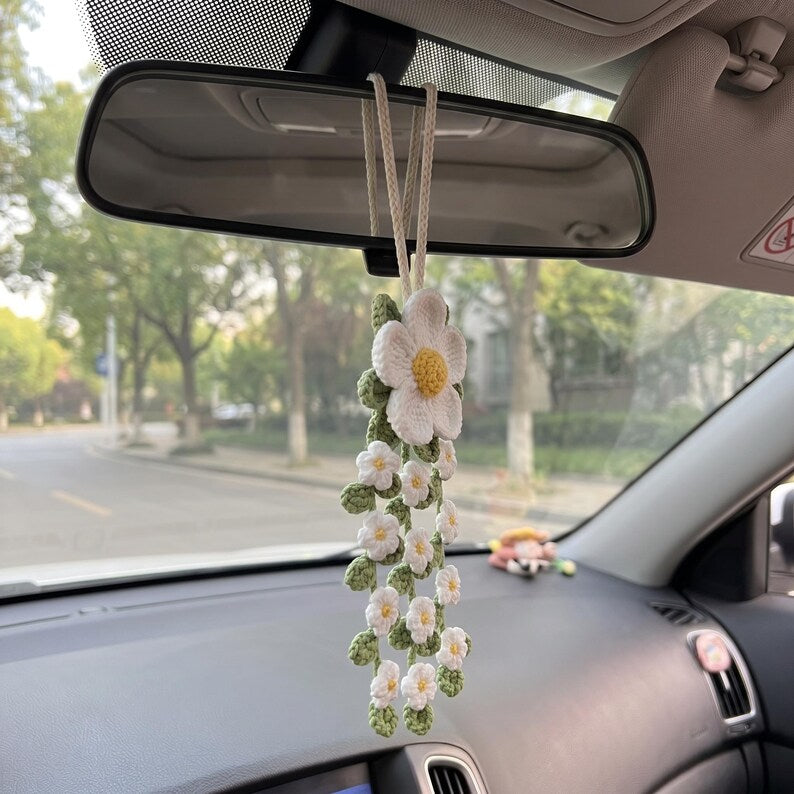 Crochet Daisy Car Mirror Charm, Handmade Flower Car Hanging