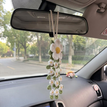 Crochet Daisy Car Mirror Charm, Handmade Flower Car Hanging