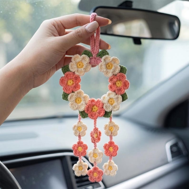 Crochet Flower Car Mirror Charm, Floral Rear View Mirror Hanging