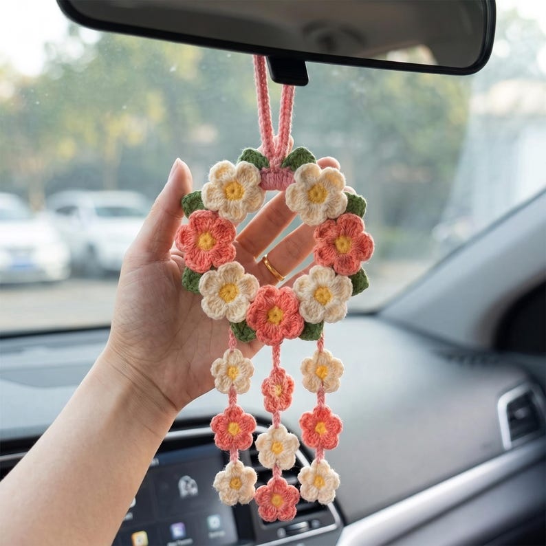 Crochet Flower Car Mirror Charm, Floral Rear View Mirror Hanging