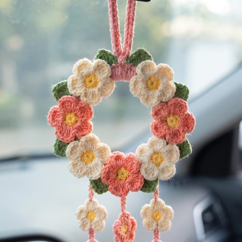 Crochet Flower Car Mirror Charm, Floral Rear View Mirror Hanging