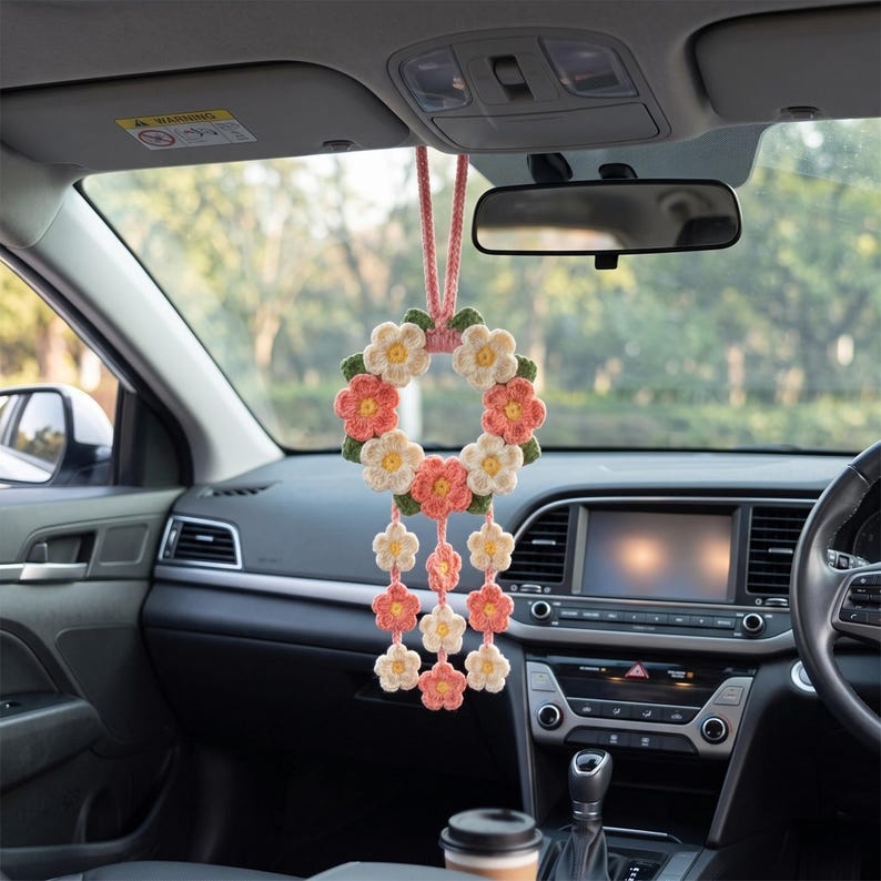 Crochet Flower Car Mirror Charm, Floral Rear View Mirror Hanging
