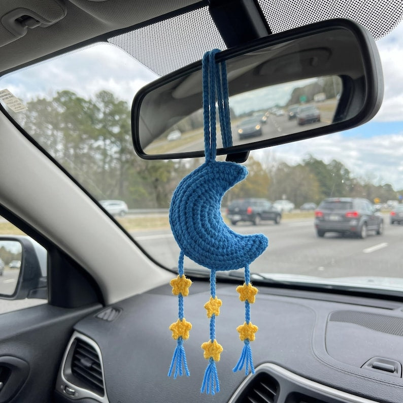 Handmade Boho Crochet Moon Car Charm with Star Dangles