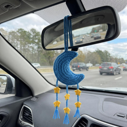 Handmade Boho Crochet Moon Car Charm with Star Dangles