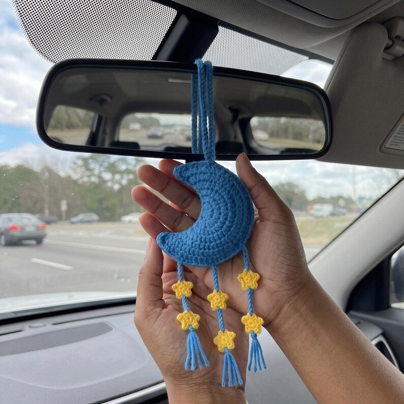 Handmade Boho Crochet Moon Car Charm with Star Dangles