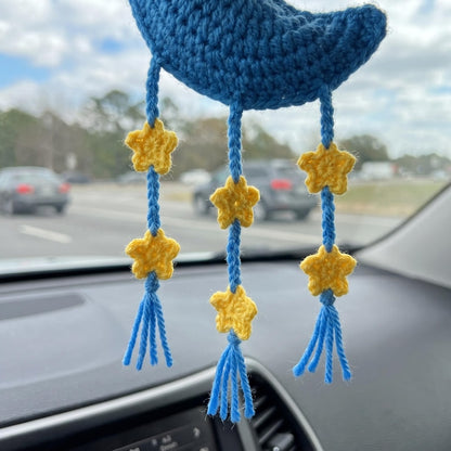 Handmade Boho Crochet Moon Car Charm with Star Dangles