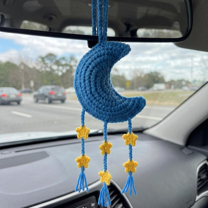 Handmade Boho Crochet Moon Car Charm with Star Dangles