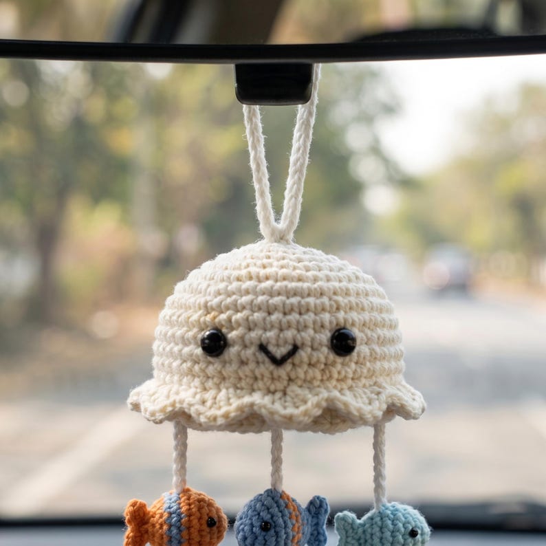 Handmade Crochet Jellyfish Car Charm with Ocean Friends