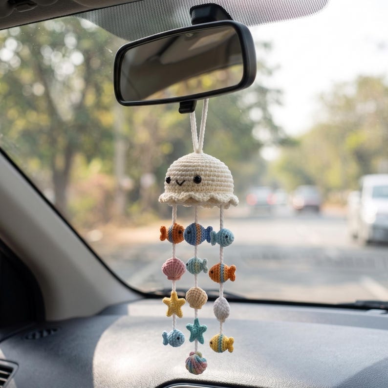 Handmade Crochet Jellyfish Car Charm with Ocean Friends