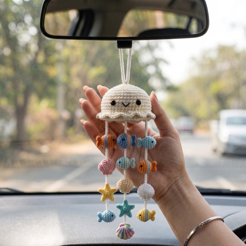Handmade Crochet Jellyfish Car Charm with Ocean Friends