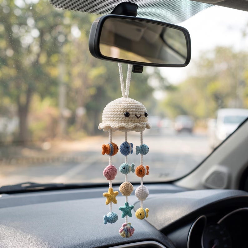 Handmade Crochet Jellyfish Car Charm with Ocean Friends