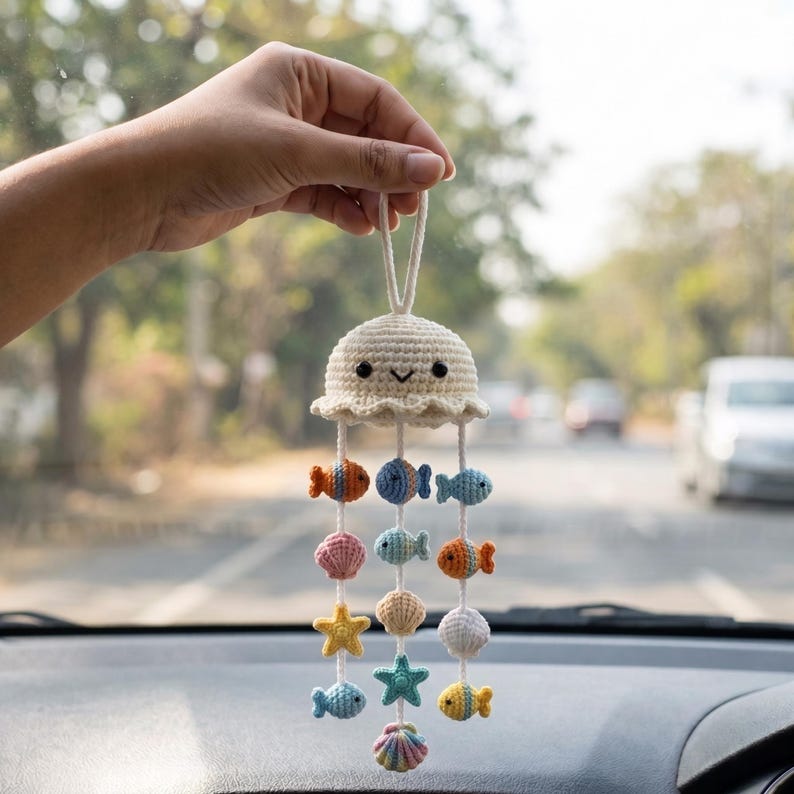 Handmade Crochet Jellyfish Car Charm with Ocean Friends