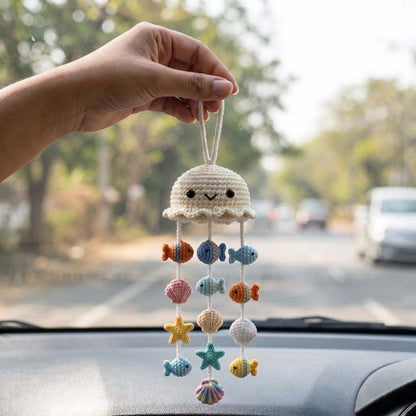Handmade Crochet Jellyfish Car Charm with Ocean Friends