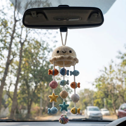 Handmade Crochet Jellyfish Car Charm with Ocean Friends