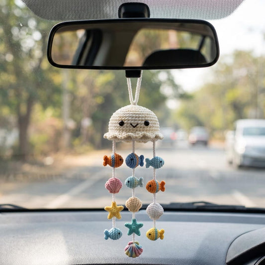 Handmade Crochet Jellyfish Car Charm with Ocean Friends