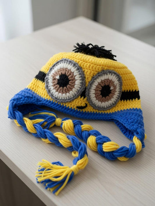 Funny Yellow Buddy Crochet Earflap Hat | Handmade Character Beanie with Braided Tassels, Cute Winter Hat, Cartoon Costume Gift