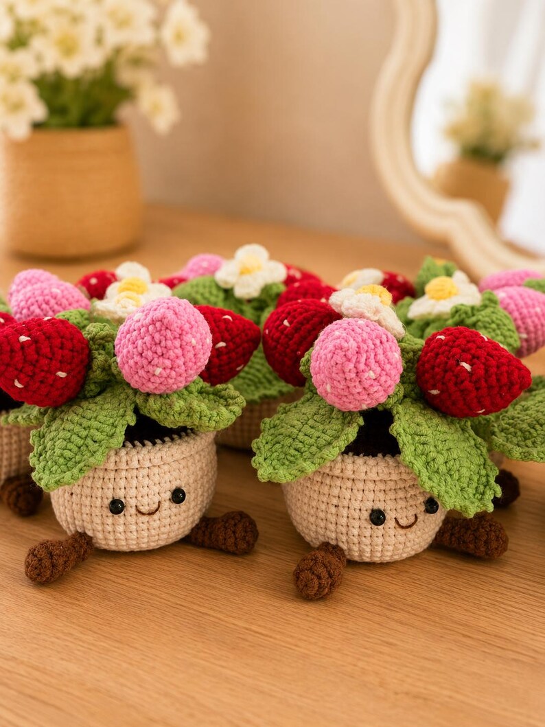 Crochet Flower Pot Set with Strawberry and Lavender | Handmade Forever Flowers Desk Decor