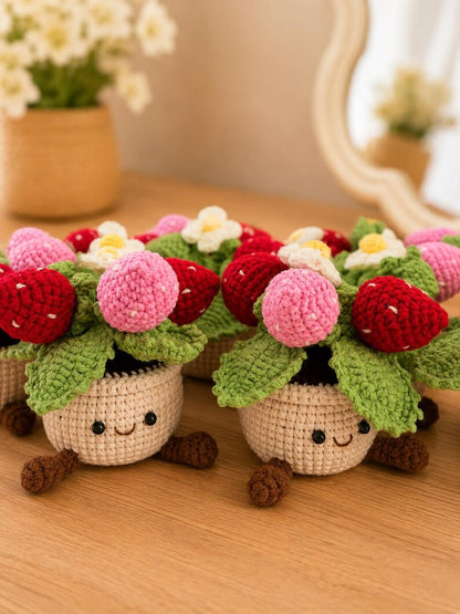 Crochet Flower Pot Set with Strawberry and Lavender | Handmade Forever Flowers Desk Decor