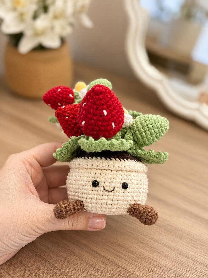 Crochet Flower Pot Set with Strawberry and Lavender | Handmade Forever Flowers Desk Decor