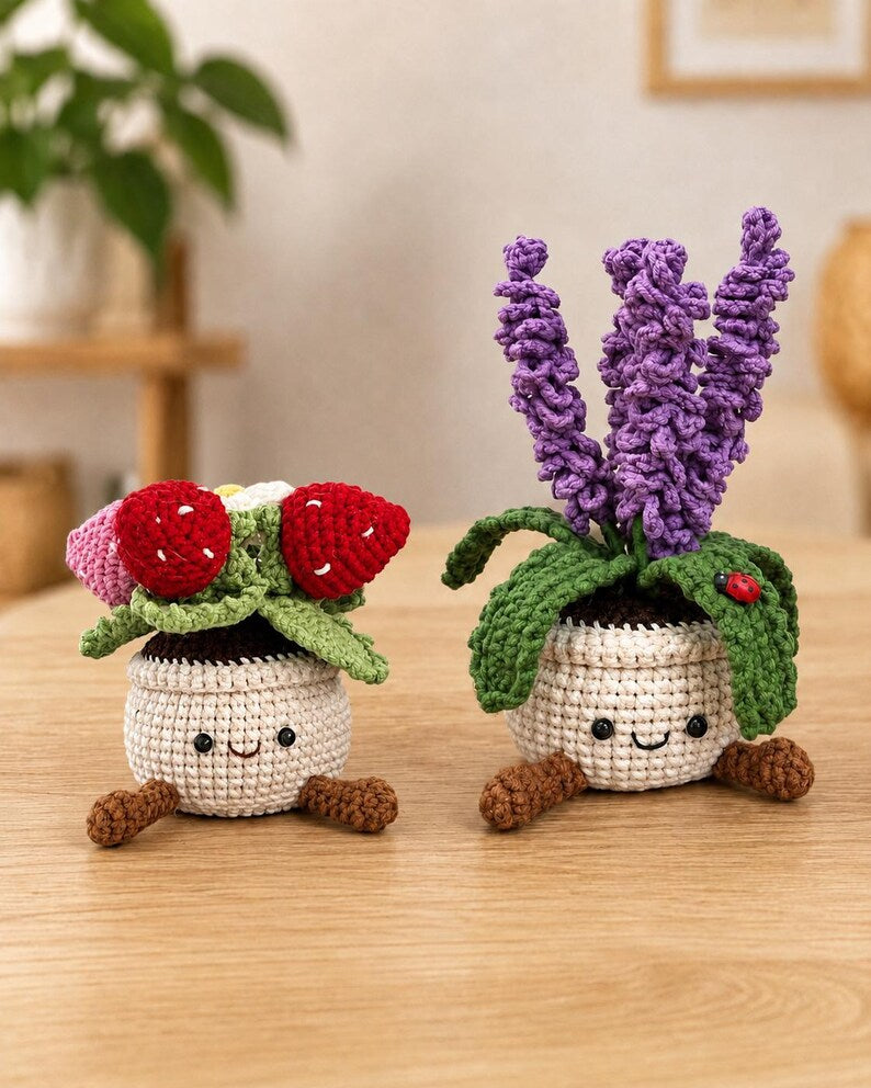Crochet Flower Pot Set with Strawberry and Lavender | Handmade Forever Flowers Desk Decor