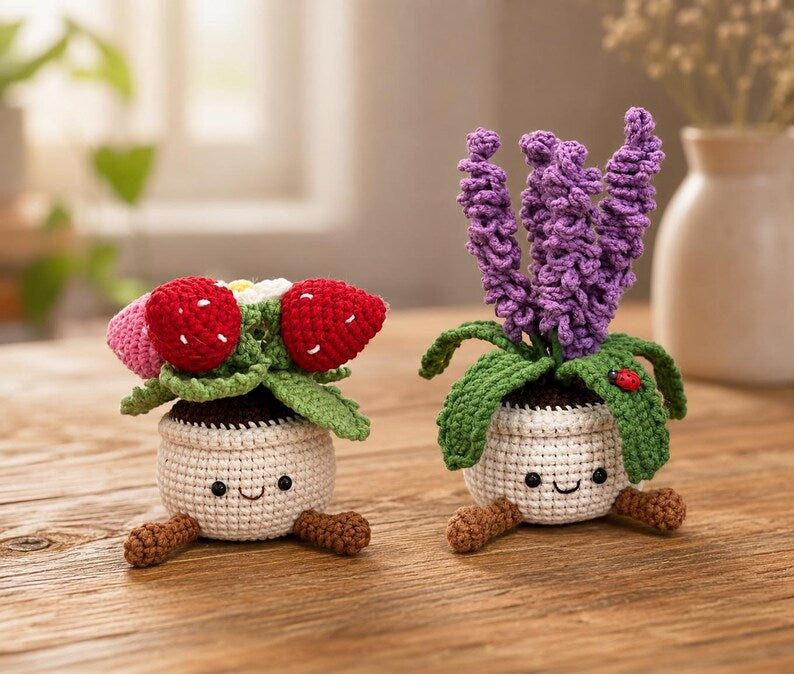 Crochet Flower Pot Set with Strawberry and Lavender | Handmade Forever Flowers Desk Decor