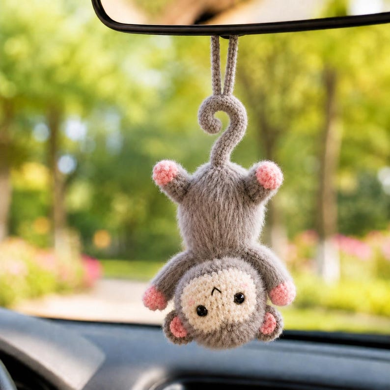 Crochet Monkey Car Mirror Hanging, Cute Amigurumi Rearview Mirror Accessory, Handmade Animal Car Charm, Funny New Car Gift for Driver