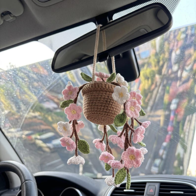Crochet Flower Pot Car Hanging, Handmade Cherry Blossom Rearview Mirror Charm