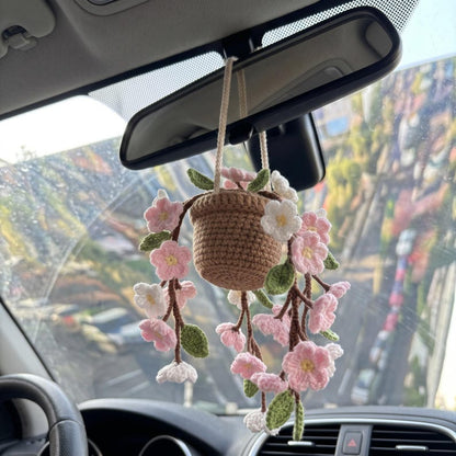 Crochet Flower Pot Car Hanging, Handmade Cherry Blossom Rearview Mirror Charm
