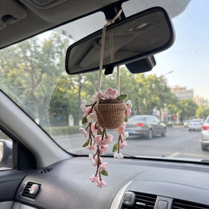 Crochet Flower Pot Car Hanging, Handmade Cherry Blossom Rearview Mirror Charm