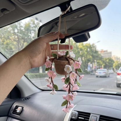 Crochet Flower Pot Car Hanging, Handmade Cherry Blossom Rearview Mirror Charm