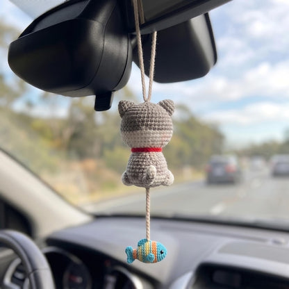 Crochet Cat Car Hanging, Handmade Kitty Rearview Mirror Charm