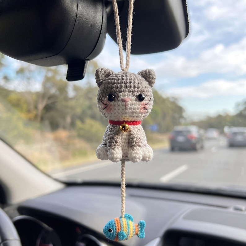 Crochet Cat Car Hanging, Handmade Kitty Rearview Mirror Charm