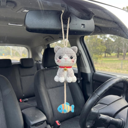 Crochet Cat Car Hanging, Handmade Kitty Rearview Mirror Charm
