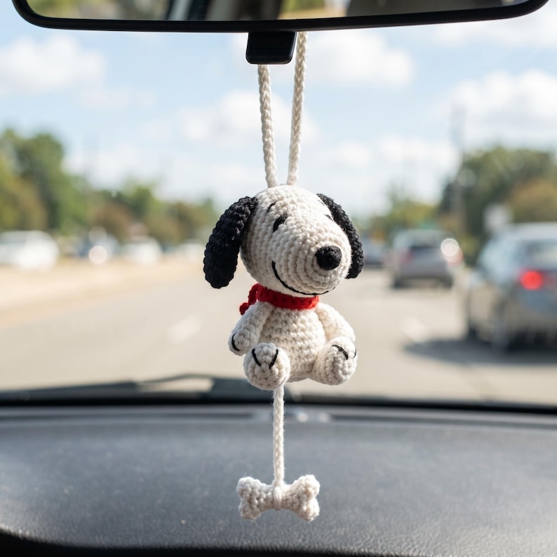 Handmade Crochet Snoopy Amigurumi Car Charm with Dangling Bone