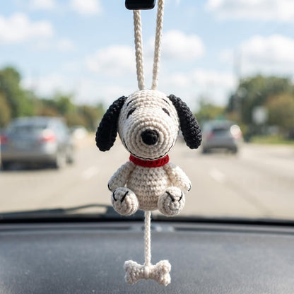Handmade Crochet Snoopy Amigurumi Car Charm with Dangling Bone